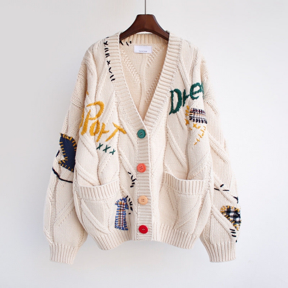 Women Chunky Cable Knit Cardigan Embroidery Button Sweater Size M - Picture 2 of 10